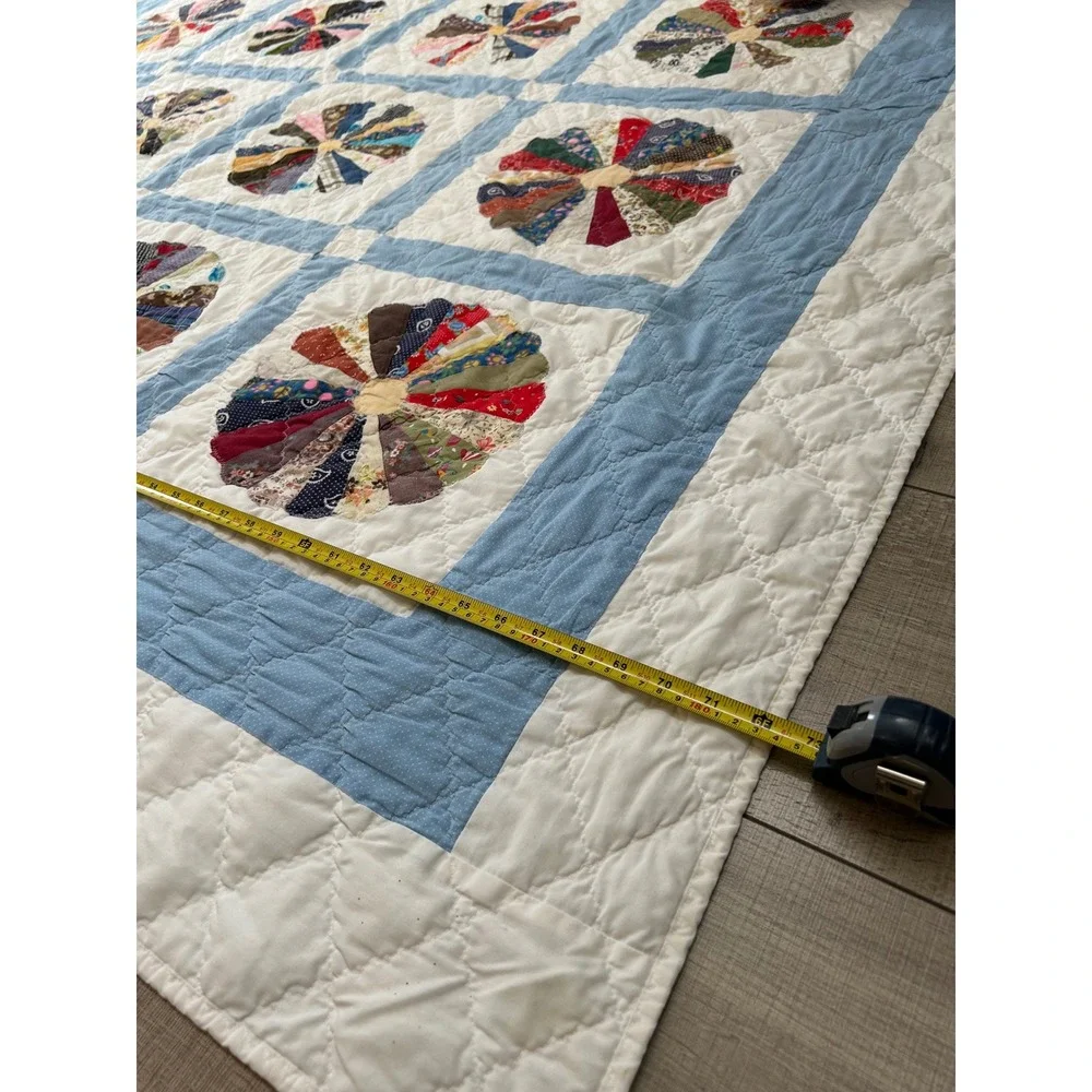 Vintage Handmade Dresden Plate Quilt Blue White Multicolor Patchwork 74x88